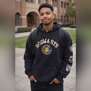 Harry Potter Hogwarts Hoodie XL Black Wizarding World House Logos